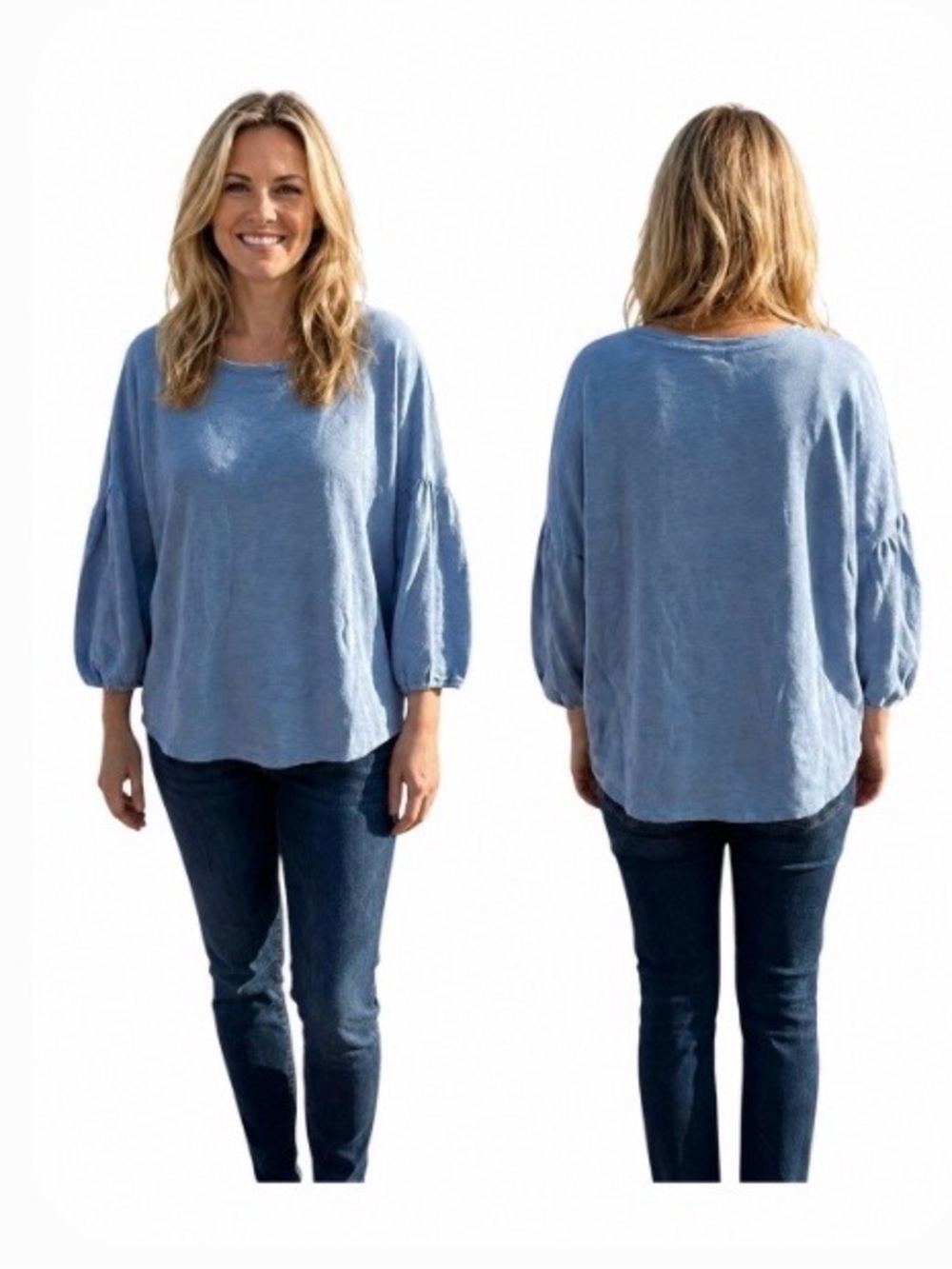 5 for $25! Pure Jill by J.Jill Blue Cotton Slub Balloon-Sleeve Top Size L